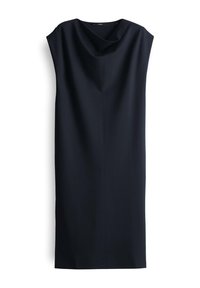 Marineblaue ärmellose Kleid mit entspannter Passform und Cowl-Ausschnitt. Hergestellt aus glattem Stoff, zeigt eine minimalistische, gerade Silhouette.