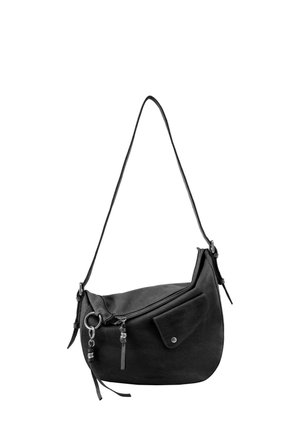 Schwarze Leder-Umhängetasche mit einer Reißverschlusstasche auf der Vorderseite, einer Klappentasche mit Druckknopf und einem dekorativen Metallring mit Quasten.