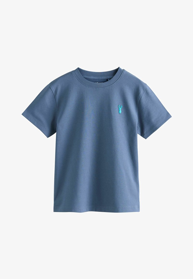 T-shirt a maniche corte, blu, con collo rotondo e piccolo logo di cervo turchese ricamato sul petto a sinistra.