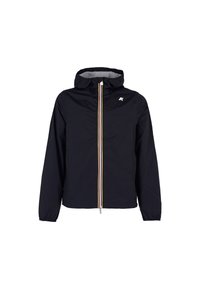 Giacca a vento nera con cappuccio, dotata di una cerniera completa e dettagli gialli lungo la parte anteriore. Realizzata in un materiale leggero e morbido.