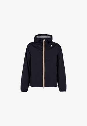 Zwarte windjack met capuchon, voorzien van een volledige rits en gele accenten aan de voorkant. Gemaakt van een lichte, soepele stof.