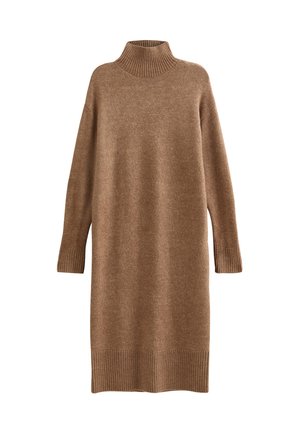 Bruine gebreide sweaterdress met een hoge geribde kraag, lange mouwen en geribde manchetten en zoom. Gemaakt van een zacht, textuurvol materiaal.