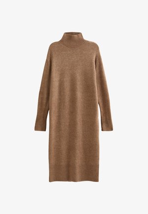 Robe en tricot marron avec un col à côtes haut, des manches longues, des poignets et un ourlet à côtes. Fabriquée en matériau doux et texturé.