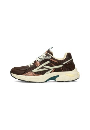 Bruine en beige sportschoen met witte veters, meshpanelen, dikke zool en turquoise en crèmekleurige accenten, weergegeven in rechter zijaanzicht.