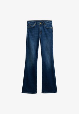 Dunkelblaue Schlagjeans aus Denim, mit einem klassischen Fünf-Taschen-Design, Metallbeschlägen und einem sichtbaren Bundknopf sowie einem Reißverschluss.