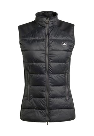 Gilet matelassé sans manches noir avec texture en quilt, fermeture à glissière à l'avant, deux poches latérales et un logo sur la poitrine gauche.