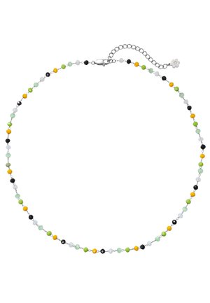 Delicate ketting met kleine, ronde kralen in zwart, geel, groen en wit, met een zilveren ketting en sluiting met een verstelbare verlengkettinkje.