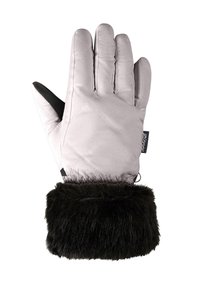 Gepolsterter, hellgrauer Handschuh mit einem schwarzen Kunstfellbund. Sanfte Textur mit kontrastierenden mattschwarzen Akzenten an den Fingern für besseren Grip.