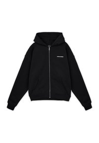 Felpa nera con zip realizzata in morbido cotone. Presenta una tasca a marsupio, maniche larghe e un piccolo logo bianco sulla parte superiore sinistra del petto.