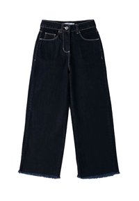 Donkerdenim wijde jeans met franjes aan de onderkant, contrasterende stiksels en voorzakken. Knopsluiting bij de taille.