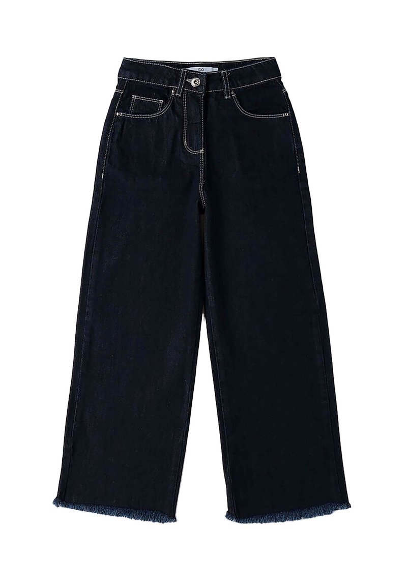 Donkerdenim wijde jeans met franjes aan de onderkant, contrasterende stiksels en voorzakken. Knopsluiting bij de taille.