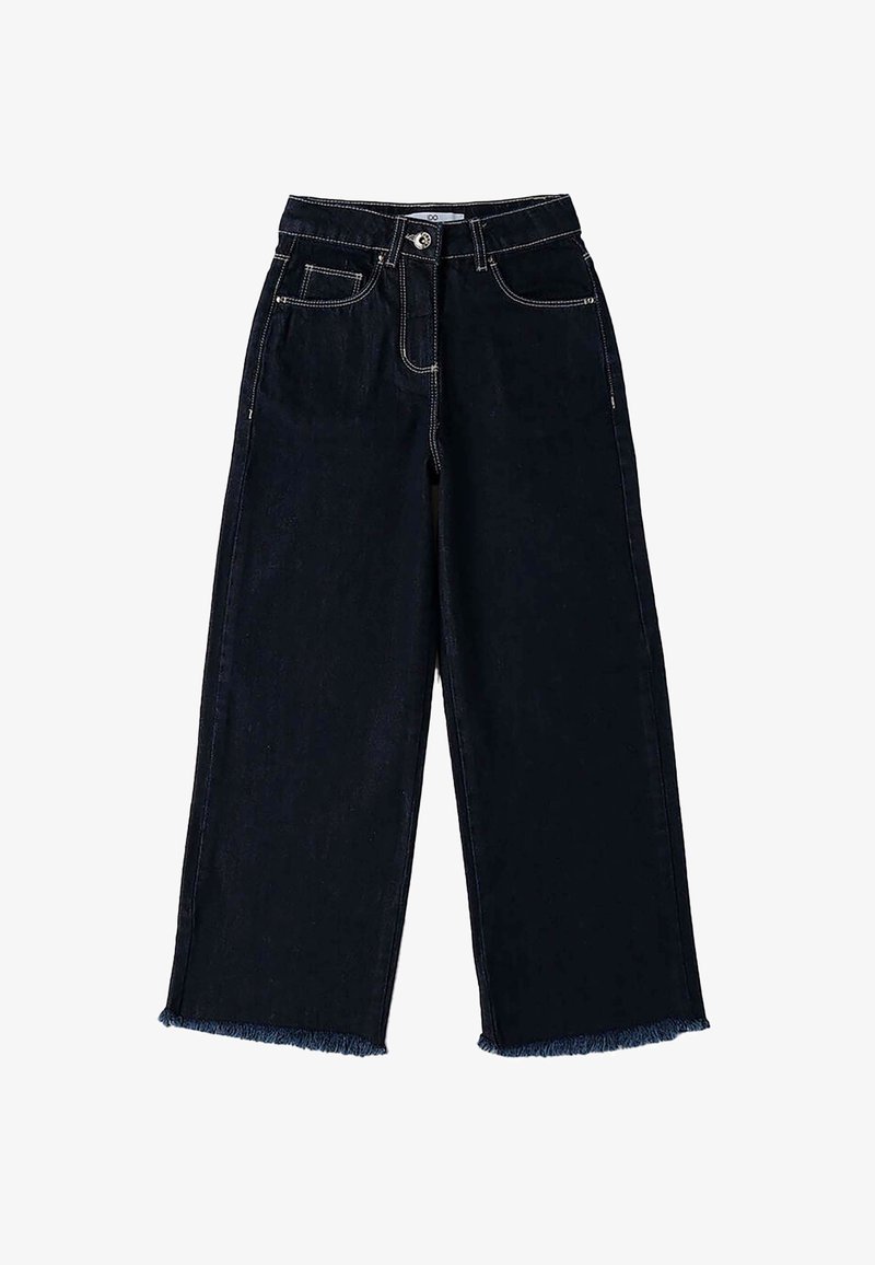 Donkerdenim wijde jeans met franjes aan de onderkant, contrasterende stiksels en voorzakken. Knopsluiting bij de taille.