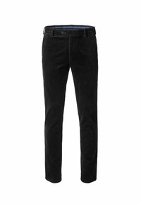 Schwarze Cordhosen mit einem geraden Bein, ausgestattet mit einem Knopfverschluss und Gürtelschlaufen. Weiche Textur und dezentes Rippmuster.