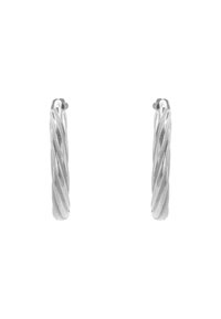 Orecchini a cerchio in argento intrecciato con una superficie liscia e lucida e estremità arrotondate, che mostrano un design a spirale su tutta la superficie.