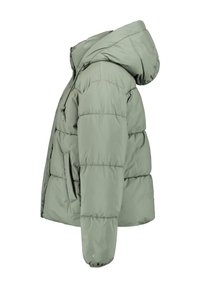 Groene pufferjack met een capuchon, voorzien van een geborduurd ontwerp, een ritssluiting aan de voorkant en zijzakken; gemaakt van een gladde, licht glanzende stof.