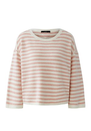 Weicher Strickpullover mit langen Ärmeln, versehen mit horizontalen rosa-weißen Streifen und einem Rundhalsausschnitt.