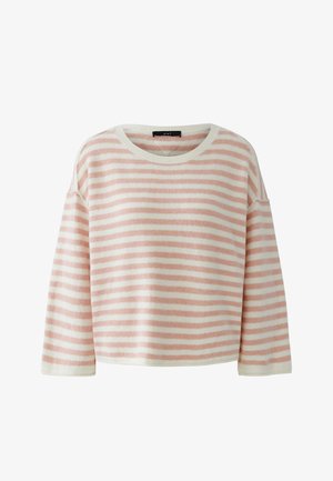 Soft knit sweater with long sleeves featuring horizontal pink and white stripes and a round neckline.
