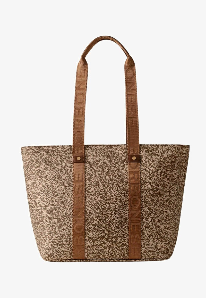 Borsa a tracolla marrone con una texture a granuli, presenta un motivo maculato, dotata di due manici beige impressi con la scritta "Borbonesse" e accessori metallici all'altezza della base.