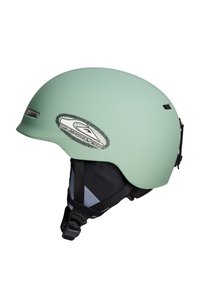 Muntgroene helm met matte afwerking, verstelbare kinband en een logo-opdruk. Voorzien van ventilatieopeningen en een nauwsluitend ontwerp.