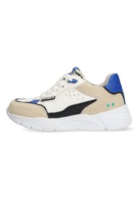 Sneakers med overdel i hvid læder med beige ruskindsdetaljer, sorte designdetaljer og blå højdepunkter; tekstureret sål; snørelukning.