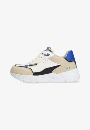 Sneakers med overdel i hvid læder med beige ruskindsdetaljer, sorte designdetaljer og blå højdepunkter; tekstureret sål; snørelukning.