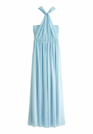 Abito lungo azzurro chiaro con corpino plissettato e allacciatura al collo a halter. Presenta una vita elastica arricciata per una silhouette fluida.