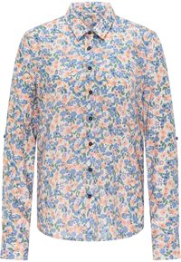 Camicia a maniche corte con bottoni a fiori realizzata in tessuto leggero con sfumature di blu, rosa e verde, e bottoni decorativi neri lungo la parte anteriore.