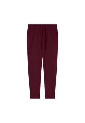 Pantaloni da tuta bordeaux con vita elasticizzata, cordino e tasche laterali. Design a gamba affusolata con una texture liscia e morbida.