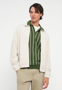 Jasno beżowa kurtka zapinana na zamek z prążkowanym kołnierzem, nałożona na zielony pulower w paski. Model nosi beżowe spodnie w wąskim kroju.