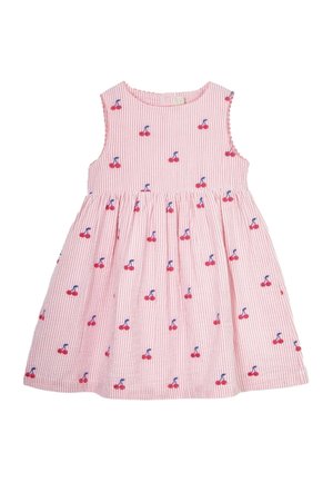 Robe sans manches pour tout-petit à rayures rose et blanches avec une jupe froncée, décorée d'un motif de petites cerises rouges aux tiges bleues.