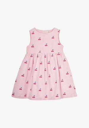 Robe sans manches pour tout-petit à rayures rose et blanches avec une jupe froncée, décorée d'un motif de petites cerises rouges aux tiges bleues.