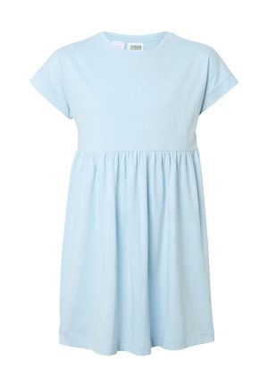 Robe bleu clair à manches courtes, taille froncée et encolure ronde, conçue pour un usage décontracté.