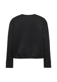 Sweat-shirt noir à manches longues avec un col rond et un bas élastiqué, montré de dos sur un fond blanc.