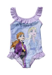 Maillot de bain lilas avec des bretelles ondulées, un motif représentant deux femmes, et une texture lisse avec un léger motif de flocons de neige.