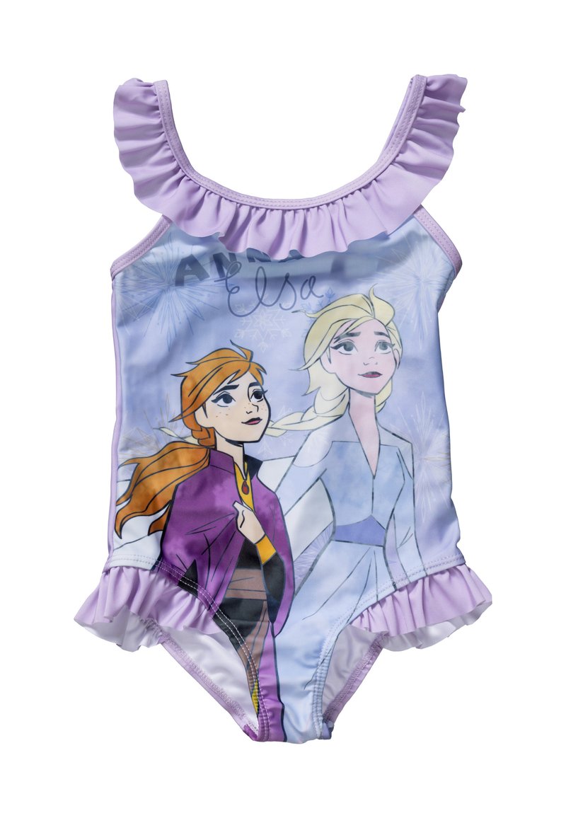 Maillot de bain lilas avec des bretelles ondulées, un motif représentant deux femmes, et une texture lisse avec un léger motif de flocons de neige.