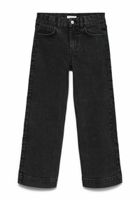 Svarta jeans i denim med vida ben, utrustade med fem fickor och knappstängning. Tyget har en subtil struktur och en ren finish.