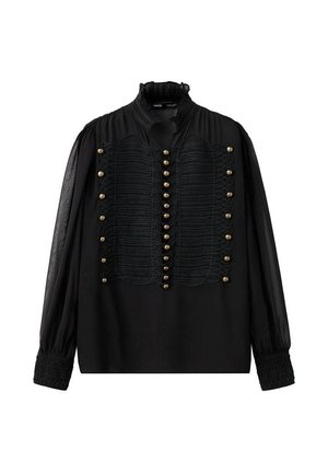 Blusa negra de manga larga con cuello alto, filas dobles verticales decorativas de botones dorados y detallados trenzados intrincados en el frente y los puños.