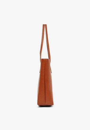Rust-colored leather tote bag with two thin straps, rectangular shape, smooth texture, and minimalistic design.