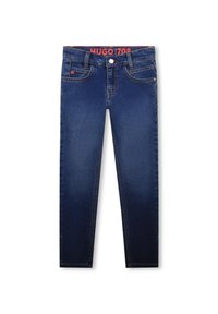Jeans rectos de color azul marino con bolsillos frontales, cierre de botón y texto rojo "HUGO 1708" en la parte interior de la cinturilla.