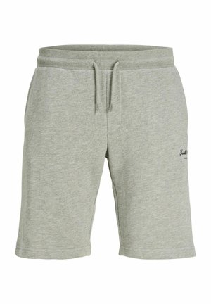 Lysegrå afslappede shorts med elastisk talje og snøre, som har diskret sort logotekst på højre lår.