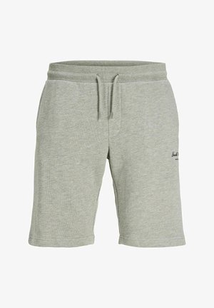 Pantalones cortos casuales de color gris claro con cintura elástica y cordón, presentan un texto de logo negro sutil en el muslo derecho.