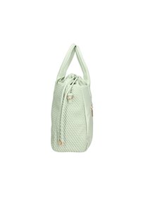 Borsa a mano verde chiaro con una superficie testurizzata e trapuntata, dotata di chiusura con coulisse e manici corti e piatti. Accenti in metallo color oro.