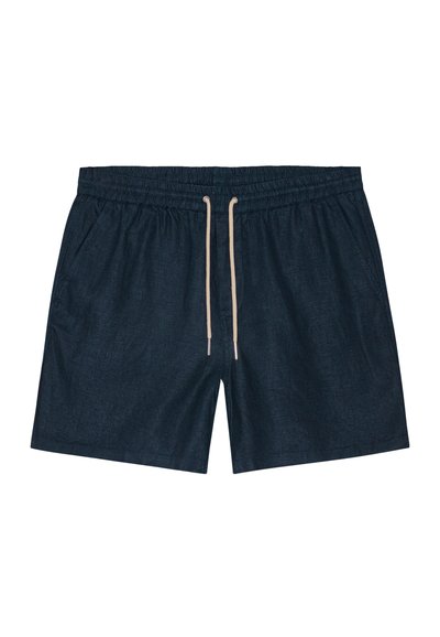 Pantaloni da bagno blu navy con vita elastica, cordino regolabile e due tasche laterali. La texture del tessuto appare liscia con un motivo sottile.