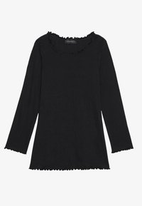 Black long-sleeve top with a ribbed texture, featuring a round neckline with a ruffled trim and raw-cut edges on sleeves and hem.