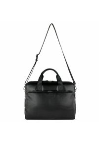 Black leather bag with textured carbon fiber accents, dual handles, adjustable shoulder strap, and a zipper closure.