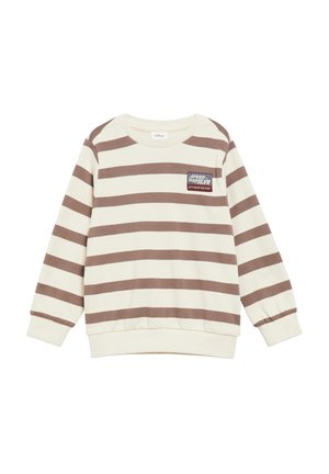 Langärmeliges cremefarbenes Sweatshirt mit braunen horizontalen Streifen und einem kleinen Brustaufnäher mit der Aufschrift "Speed Team Slvr" und "Let's begin the fun."
