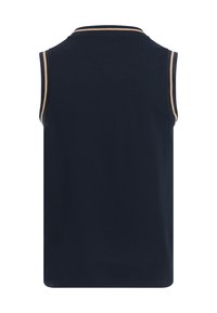 Polo sin mangas de color azul marino con un tejido texturizado, con detalles en dorado a lo largo del cuello y las sisas, y un diseño clásico.