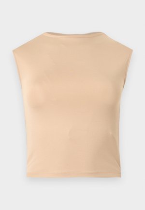 Αμάνικο μπεζ τοπ crop με ψηλό στρογγυλό λαιμό, ομαλό ύφασμα και ίσιο τελείωμα, παρουσιάζεται σε απλό λευκό φόντο.