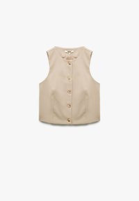 Beige ärmlös väst med rund halsringning, framknäppning med fem runda träknappar och ett slätt, strukturerat tyg.