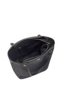 Zwarte leren handtas met een ruime binnenkant, ritssluiting en twee korte handvatten. Glad oppervlak met een subtiele glans en zonder patronen.